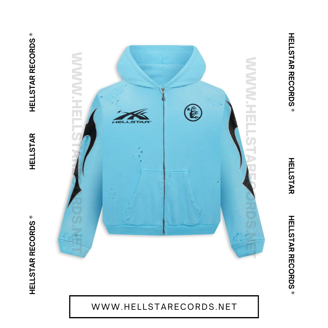 Front view of Hellstar Studios Zip-Up Hoodie available in grey, blue, and yellow with flame designs and Hellstar Records logo.