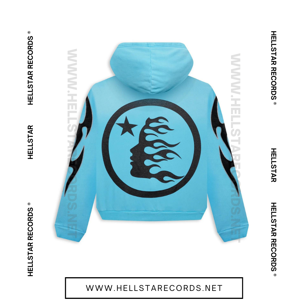 Back view of Hellstar Studios Zip-Up Hoodie available in grey, blue, and yellow with flame designs and Hellstar Records logo.