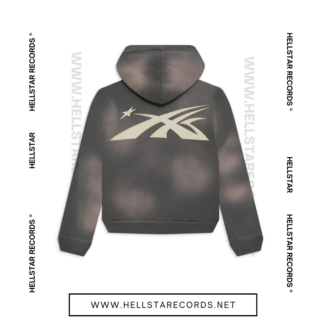 Back view of Hellstar Studios Zip-Up Hoodie available in grey, blue, and yellow with flame designs and Hellstar Records logo.