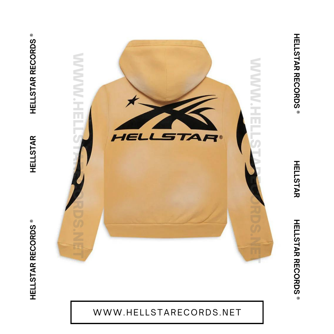 Back view of Hellstar Studios Zip-Up Hoodie available in grey, blue, and yellow with flame designs and Hellstar Records logo.