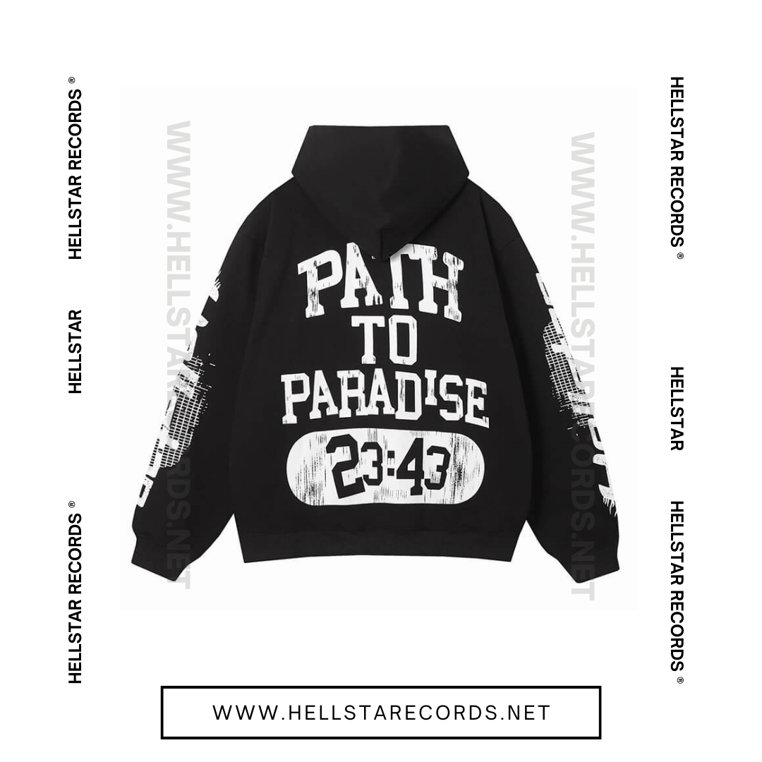 Back view of Hellstar Path to Paradise Hoodie in Mint Green with bold back design, Hellstar Path to Paradise Hoodie in Black with bold back design