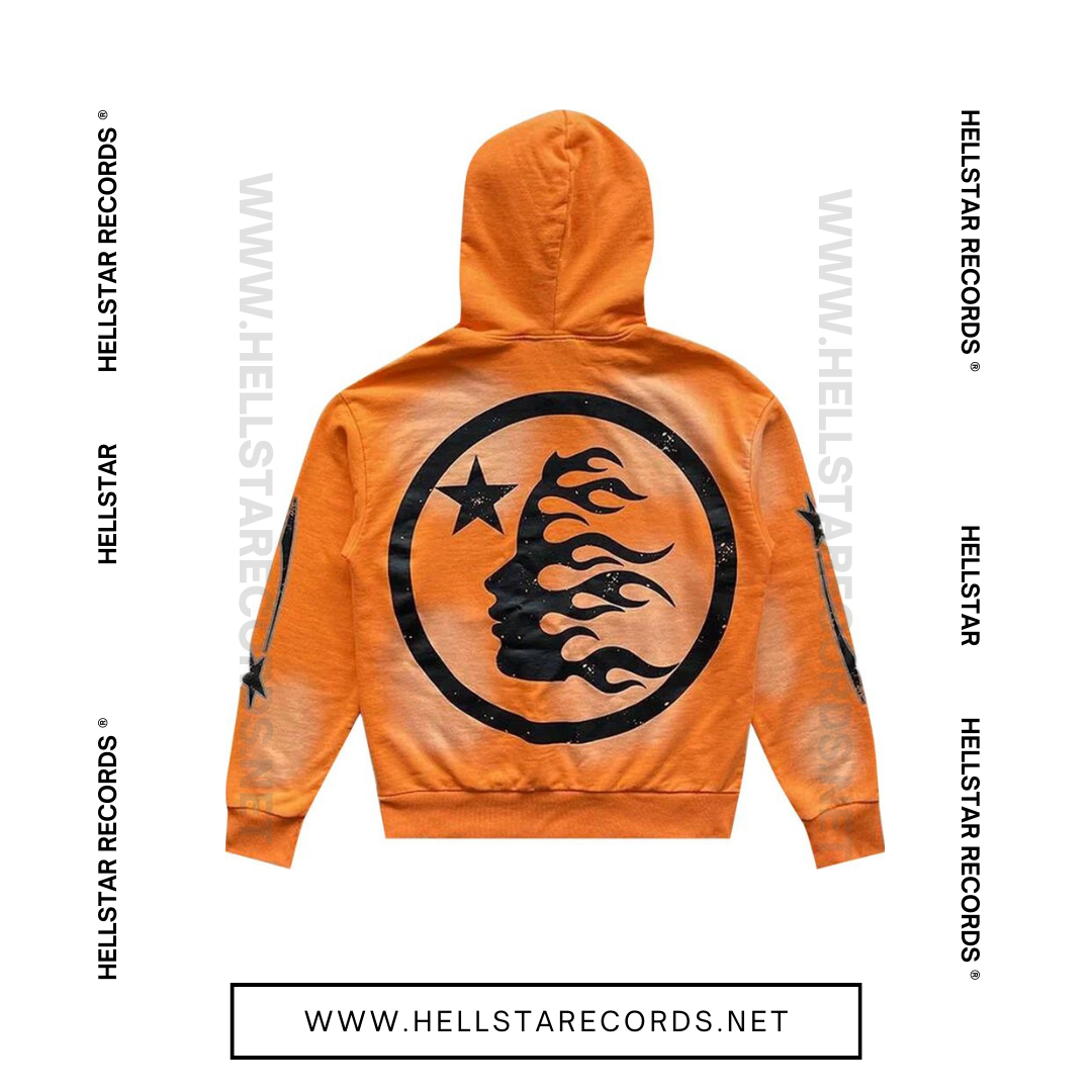 Back view of Fire Orange Hellstar Hoodie with Black Graphics, featuring Hellstar logo on sleeves, chest, and back - Streetwear Clothing