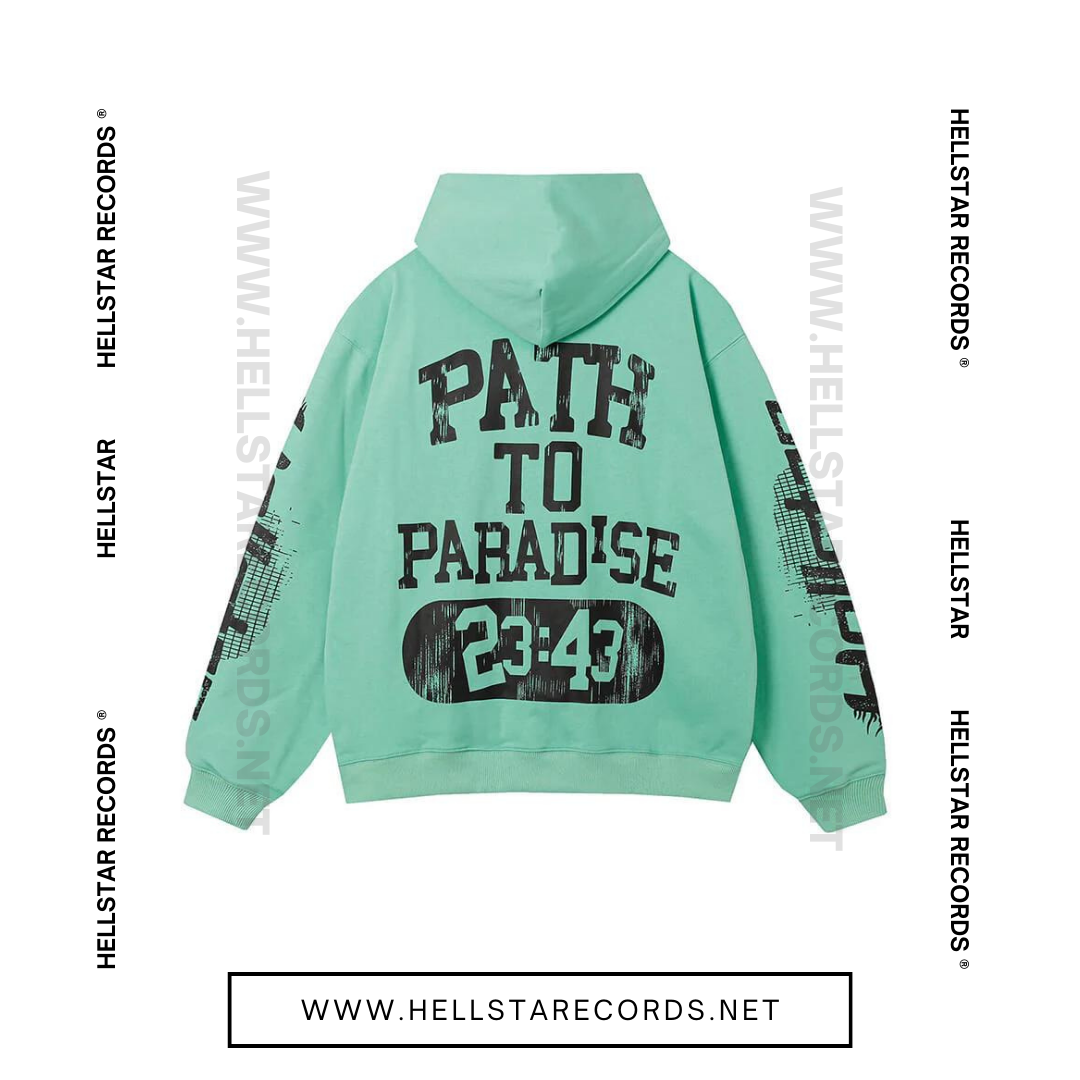 Back of Hellstar Path to Paradise Hoodie in Mint Green with bold back design, Hellstar Path to Paradise Hoodie in Black with bold back design