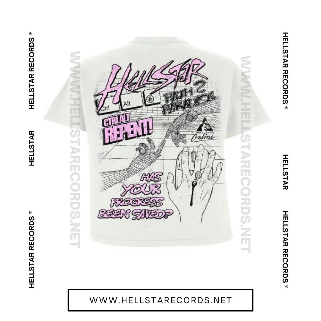 Back view of white Hellstar Online T-shirt with digital cross and retro computer elements