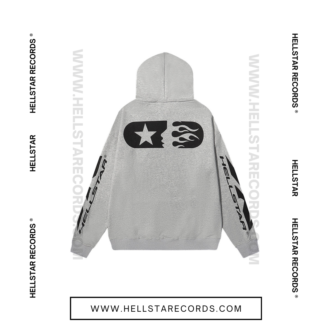 Back view of Hellstar Casual Grey Hoodie with black Hellstar logo on the front and star graphics on the sleeves.