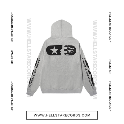 Back view of Hellstar Casual Grey Hoodie with black Hellstar logo on the front and star graphics on the sleeves.