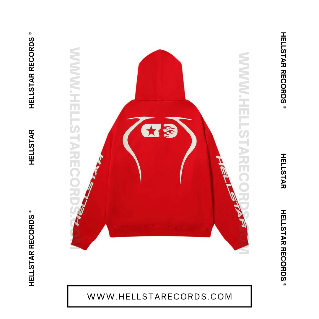 Back view of the Hellstar Sports Pullover Hoodie in red with reflective graphic design.