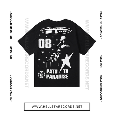 Back view of Hellstar Studios 08 T-shirt with bold front graphic and Path to Paradise on the back.