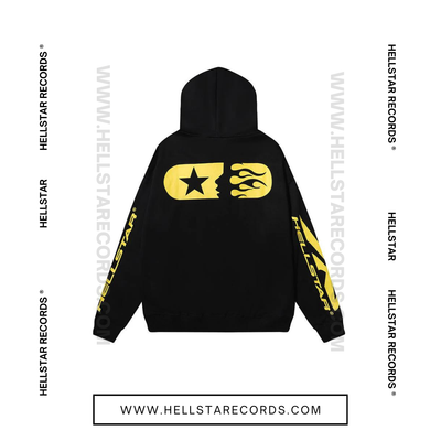 Back view of Hellstar WarmUp Capsule 11 Hoodie - Black with Yellow Graphic, Hellstar Black Hoodie