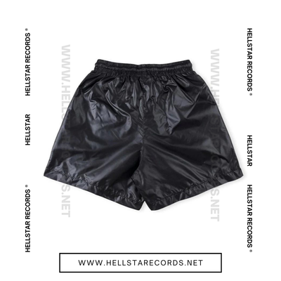 Back view of Hellstar Waxed Nylon Shorts in black with silver graphic logo