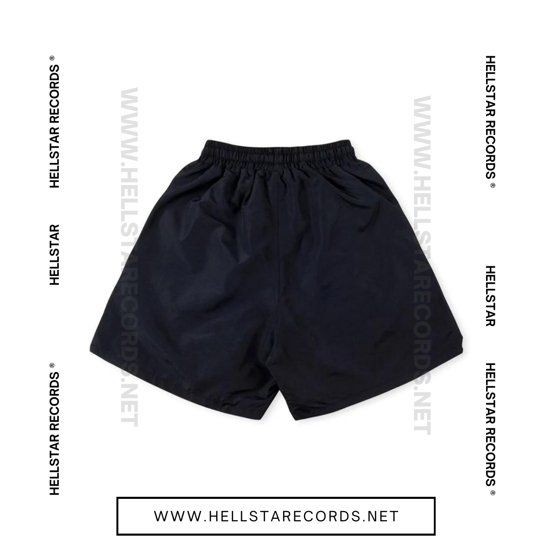 Back view of Hellstar Waxed Nylon Shorts with white drawstring on black fabric