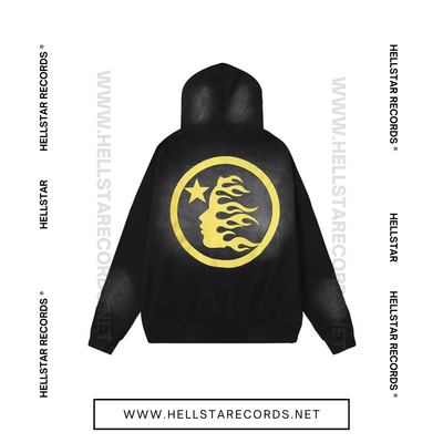 Back view of Black Hellstar hoodie by Hellstar Studios featuring "No Guts No Glory" slogan.
