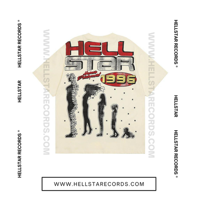 Back view of Hellstar Human Development Cream Tee with silhouettes and HELLSTAR text