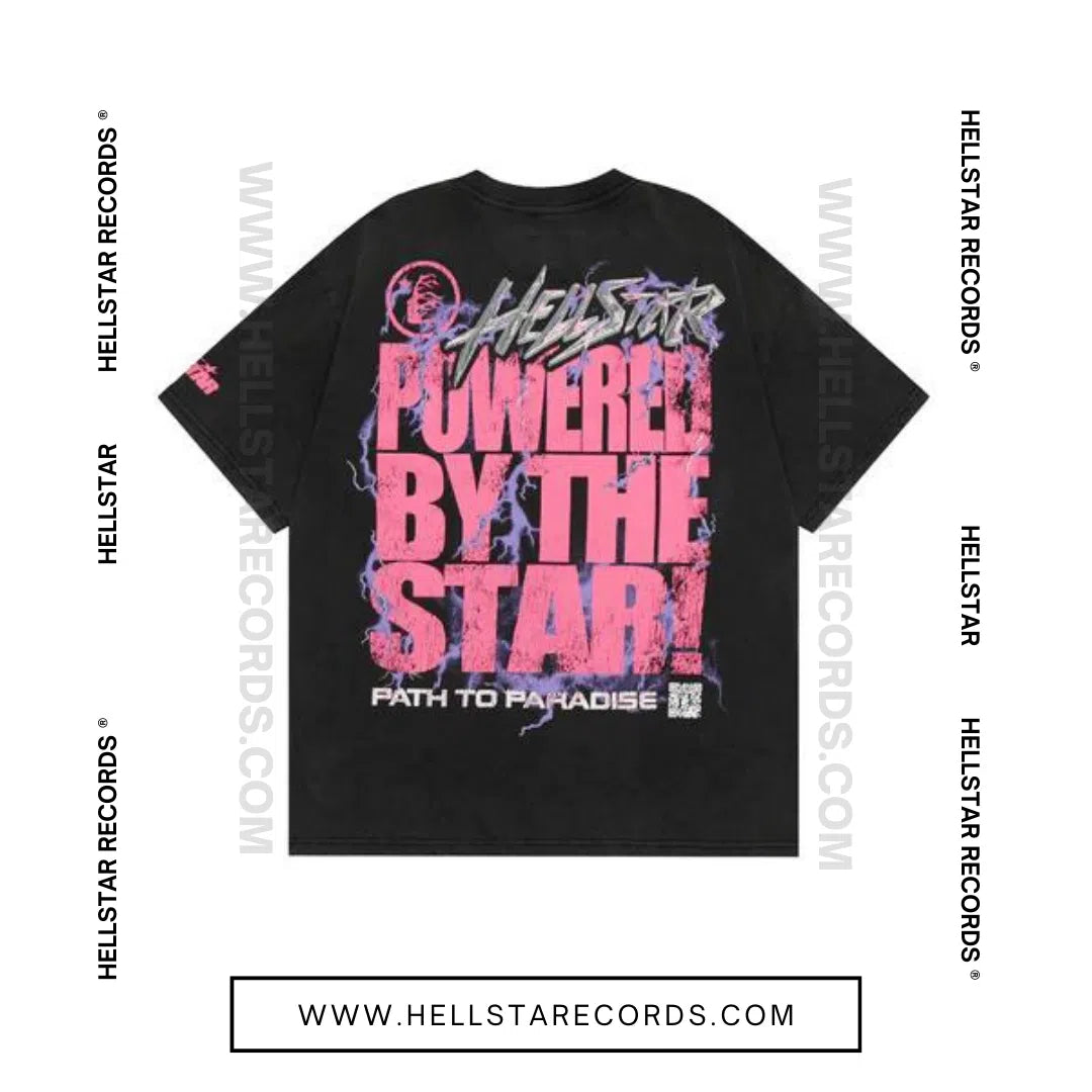 Back view of Hellstar Records Powered By Stars Tee in black with large 'Powered By The Star!' text and lightning desig