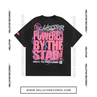 Back view of Hellstar Records Powered By Stars Tee in black with large 'Powered By The Star!' text and lightning desig