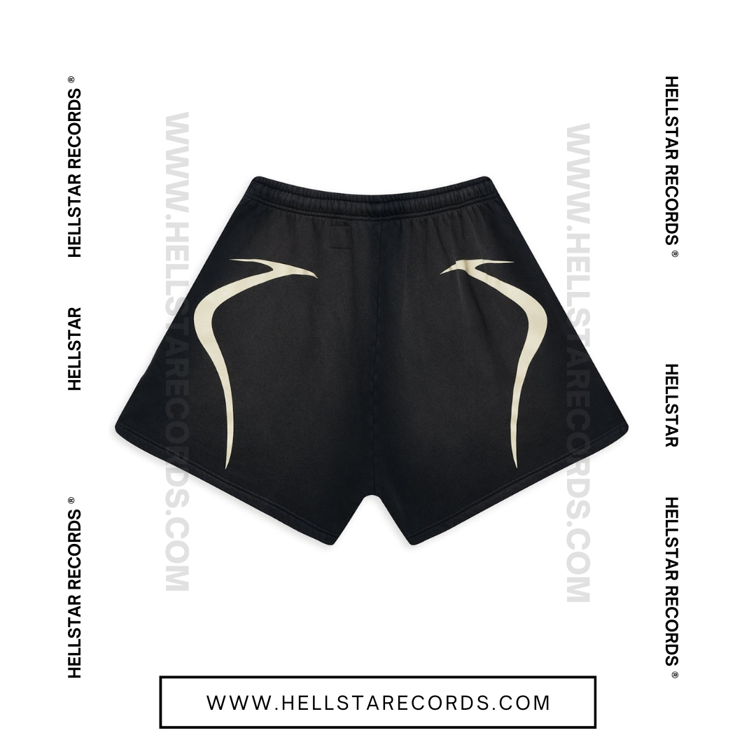 Back view of Hellstar Warmup Shorts in Black with white logo and flame graphic