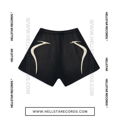 Back view of Hellstar Warmup Shorts in Black with white logo and flame graphic