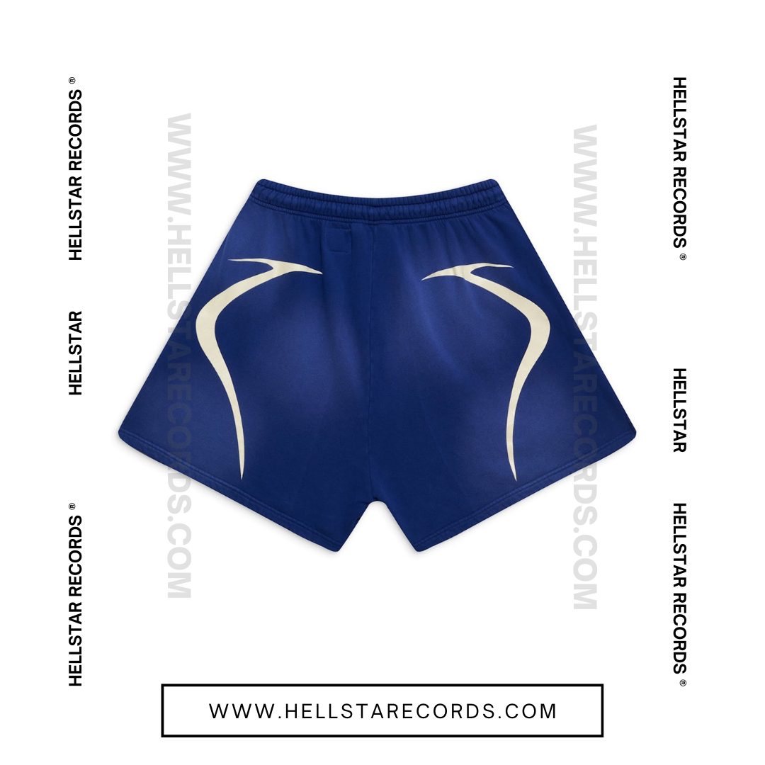 Back view of Hellstar Warmup Shorts in Blue with white logo and flame graphic