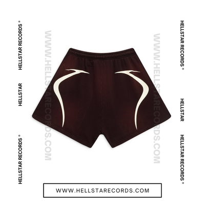 Back view of Hellstar Warmup Shorts in Brown with white logo and flame graphic