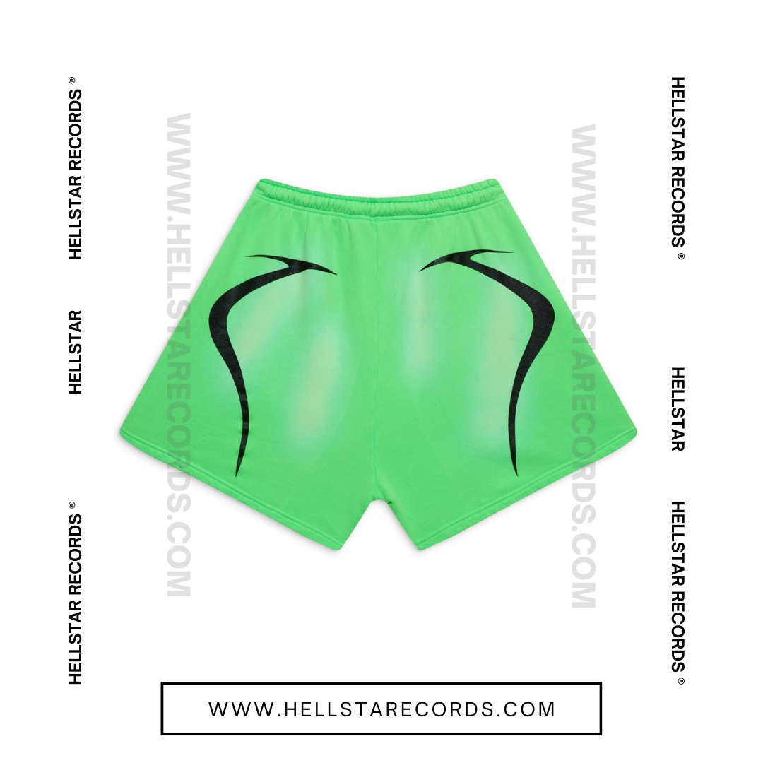 Back view of Hellstar Warmup Shorts in Green with black logo and flame graphic