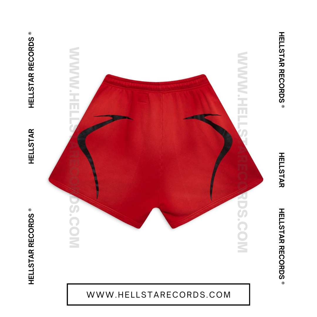 Back view of Hellstar Warmup Shorts in Red with black logo and flame graphic