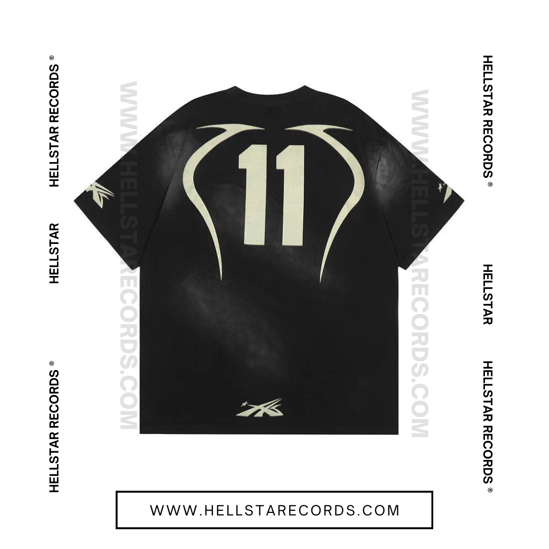 Back view of Hellstar Warmup Tee in black with flame and star logo