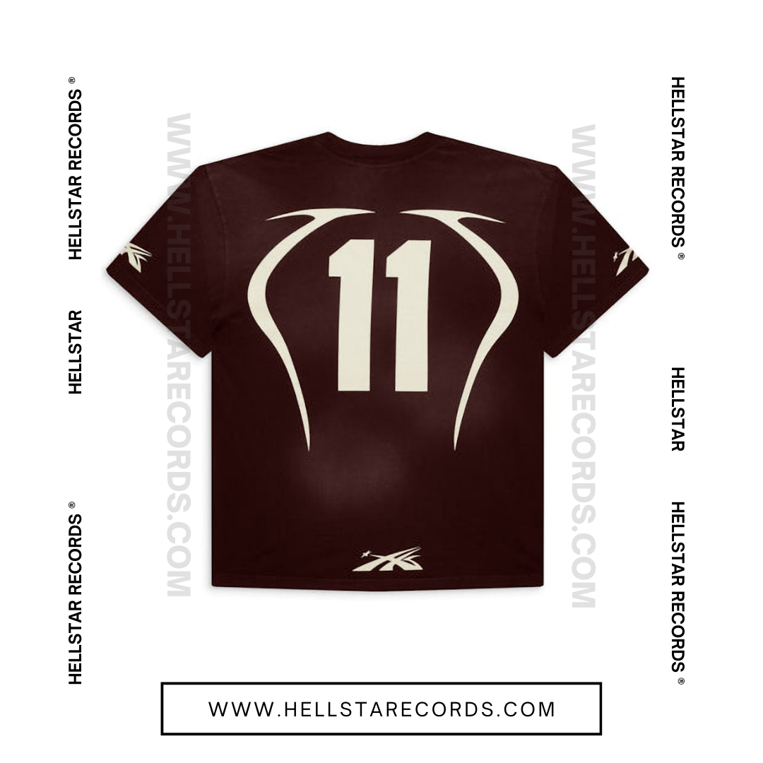 Back view of Hellstar Warmup Tee in brown with flame and star logo