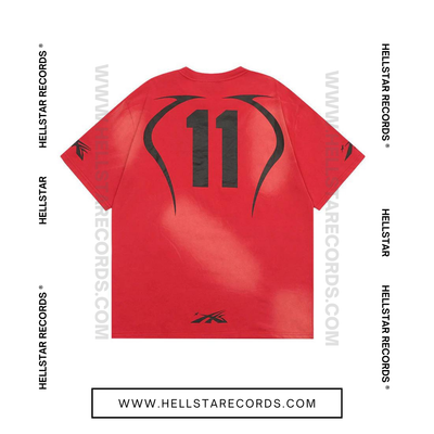 Back view of Hellstar Warmup Tee in red with flame and star logo