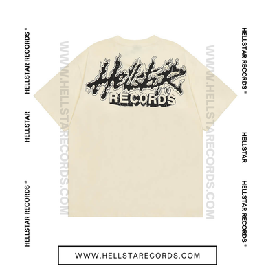 Back view of the Hellstar Heaven Sounds Like Tee in Cream with bold pink and black graphic design.