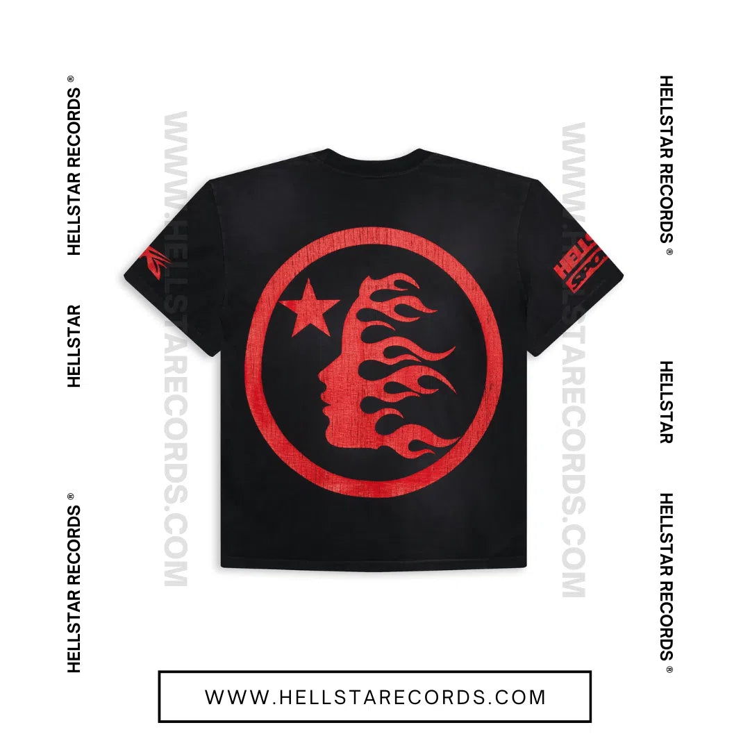 Back view of the Hellstar Records Beat Us! Tee, featuring bold red graphics and the Hellstar flame logo.