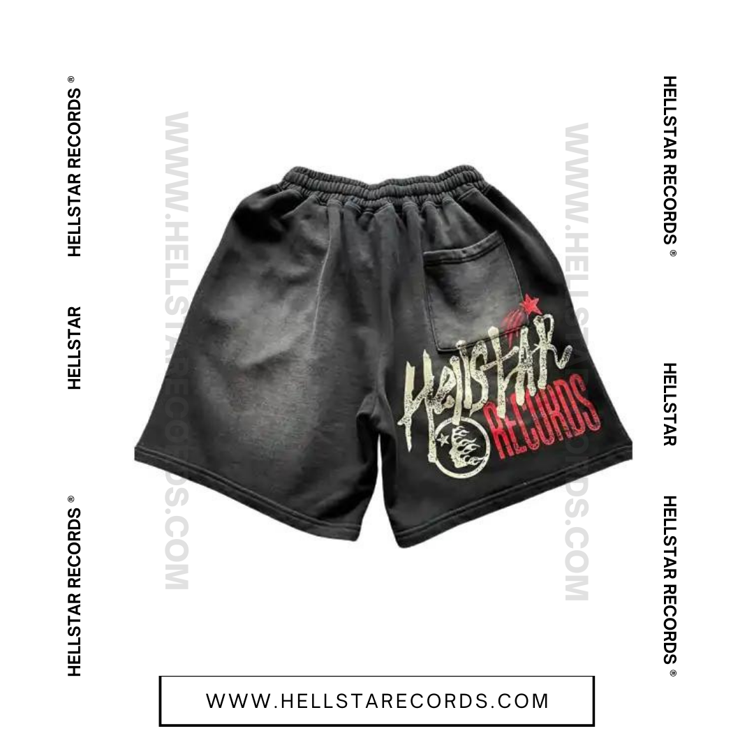 Back view of the Hellstar Records Shorts featuring bold graphic designs and the Hellstar Records logo.