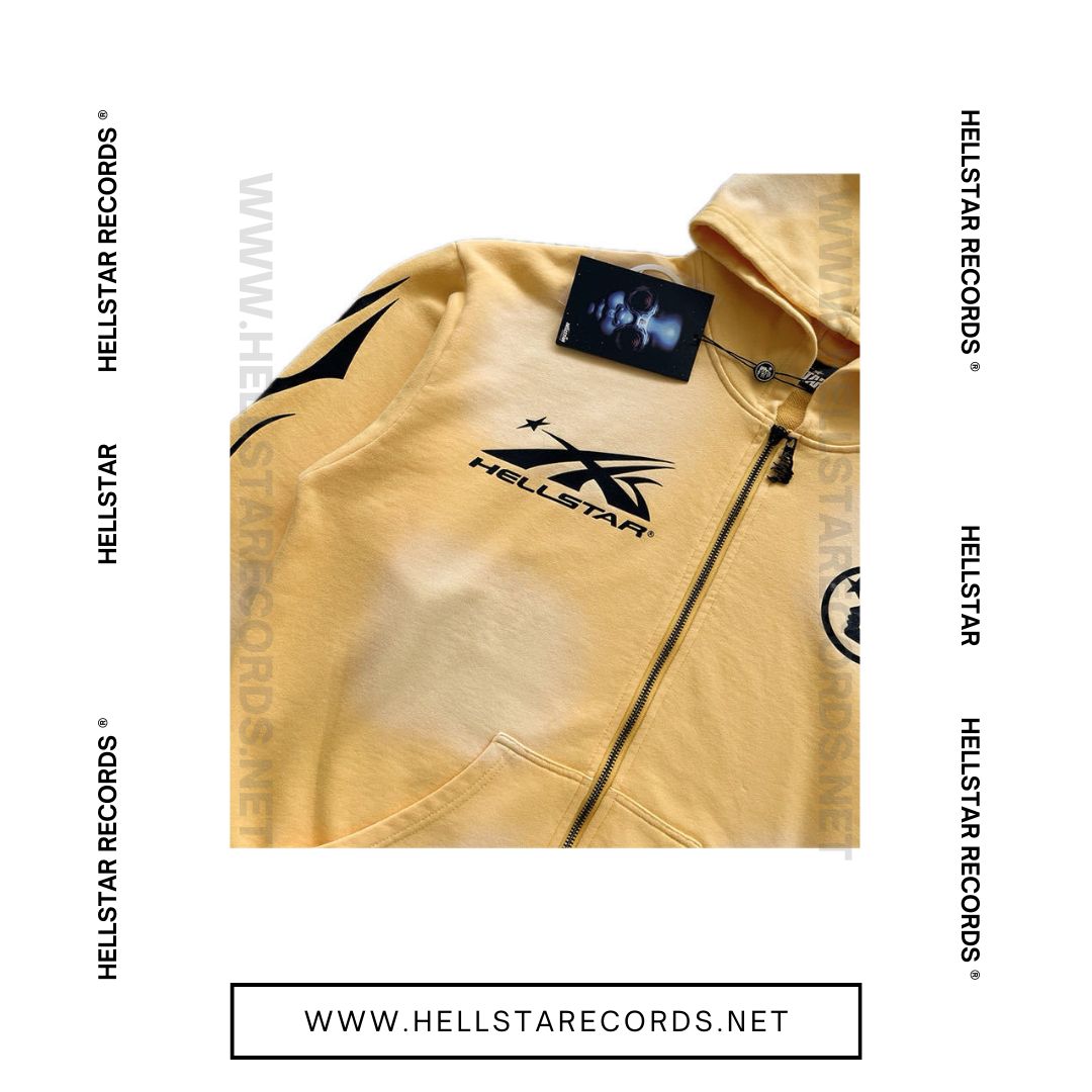 Close view of Hellstar Studios Zip-Up Hoodie available in grey, blue, and yellow with flame designs and Hellstar Records logo.