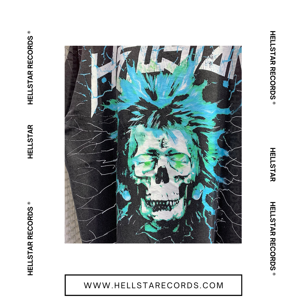 CloseUp of Hellstar Electric Kid T-shirt in Black featuring a neon electrified kid graphic
