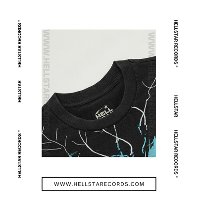 CloseUp of Hellstar Electric Kid T-shirt in Black featuring a neon electrified kid graphic
