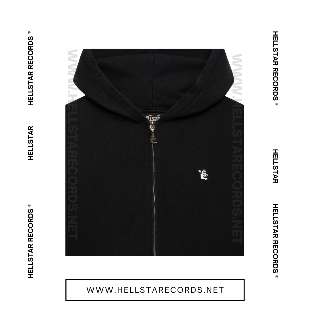 Close view of Hellstar Essentials Zip-Up Hoodie in Black with Hellstar graphics on chest and back.