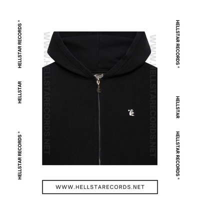 Close view of Hellstar Essentials Zip-Up Hoodie in Black with Hellstar graphics on chest and back.