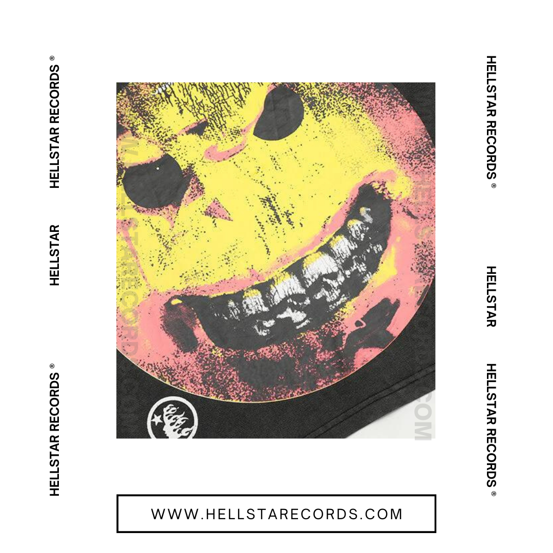 CloseUp of the Hellstar Evil Smile Tee featuring a distressed smiley graphic and Hellstar Records logo.