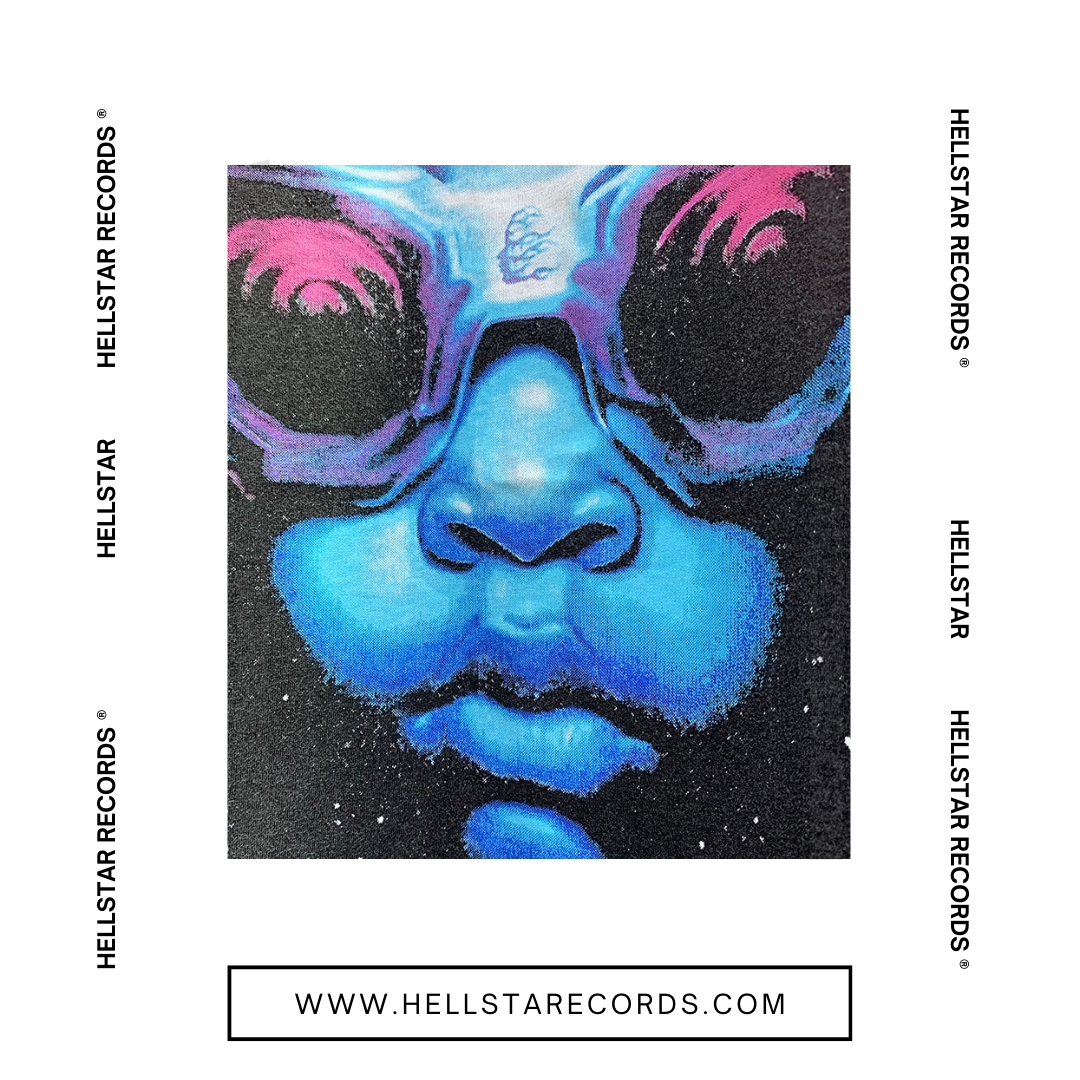 CloseUp of Hellstar Goggles T-shirt in Black featuring a futuristic blue face and oversized goggles design
