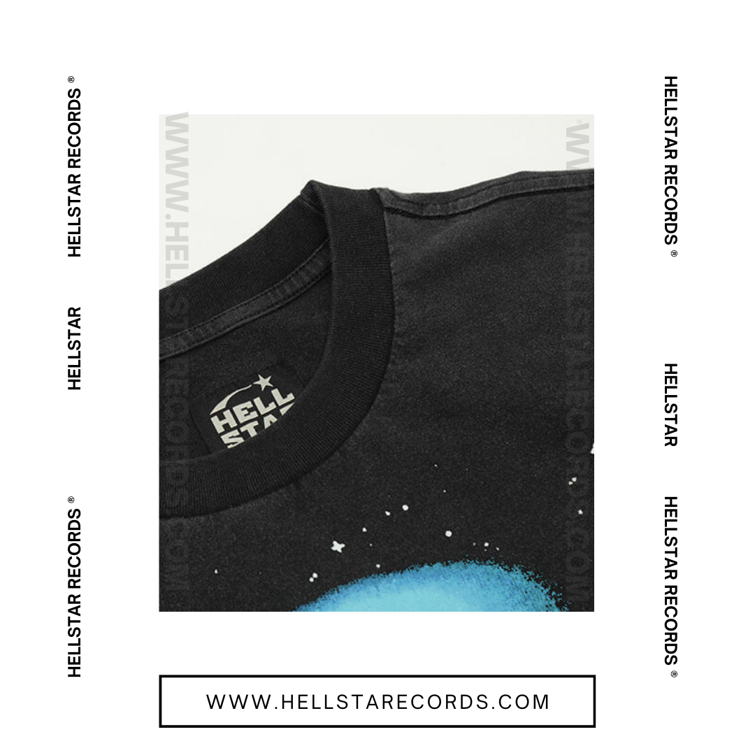 CloseUp of Hellstar Goggles T-shirt in Black featuring a futuristic blue face and oversized goggles design
