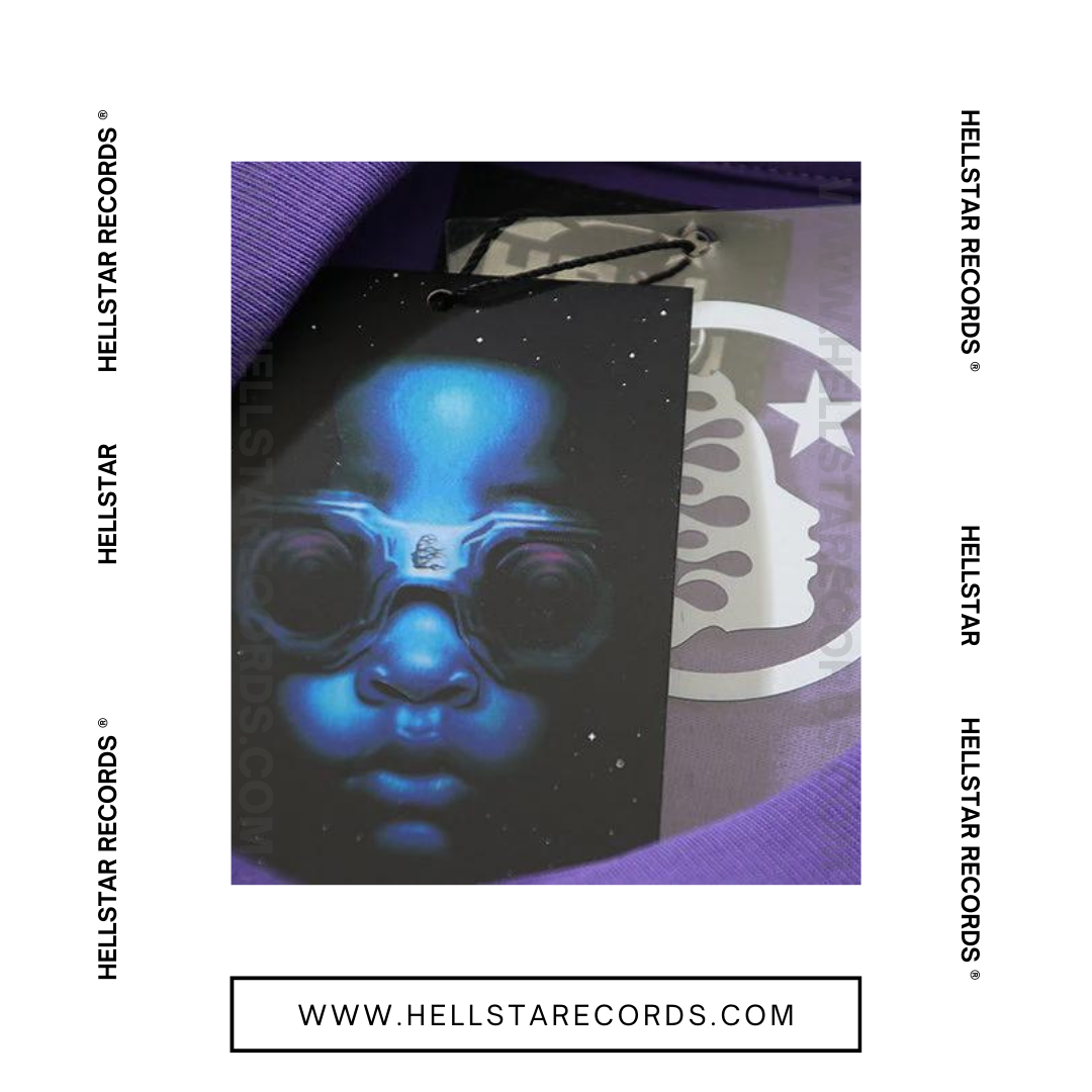 Closeup of Hellstar Goggles T-shirt in Purple featuring a bold neon face and oversized goggles design