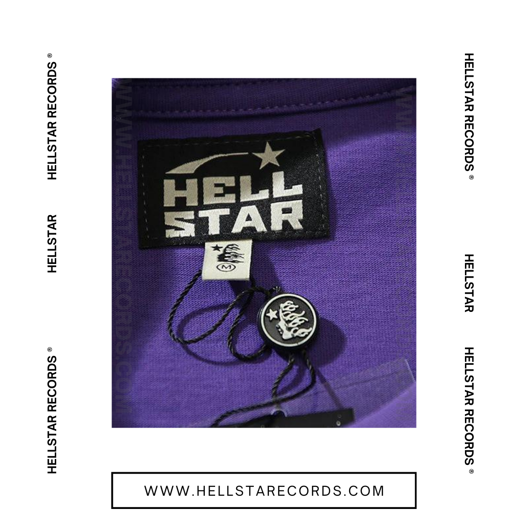 Closeup of Hellstar Goggles T-shirt in Purple featuring a bold neon face and oversized goggles design