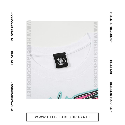 Close view of white Hellstar Online T-shirt with digital cross and retro computer elements