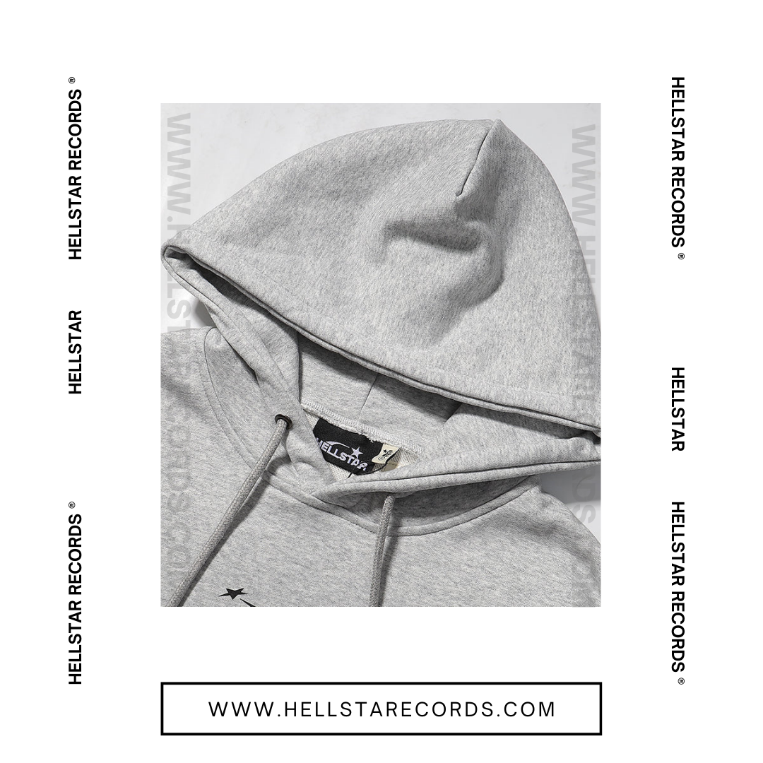 CloseUp of Hellstar Casual Grey Hoodie with black Hellstar logo on the front and star graphics on the sleeves.