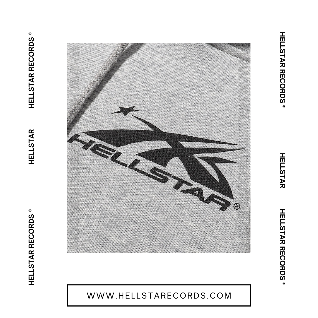 CloseUp of Hellstar Casual Grey Hoodie with black Hellstar logo on the front and star graphics on the sleeves.