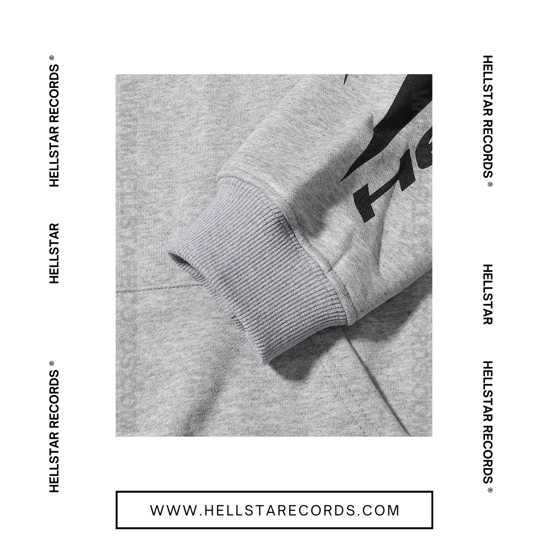 CloseUp of Hellstar Casual Grey Hoodie with black Hellstar logo on the front and star graphics on the sleeves.