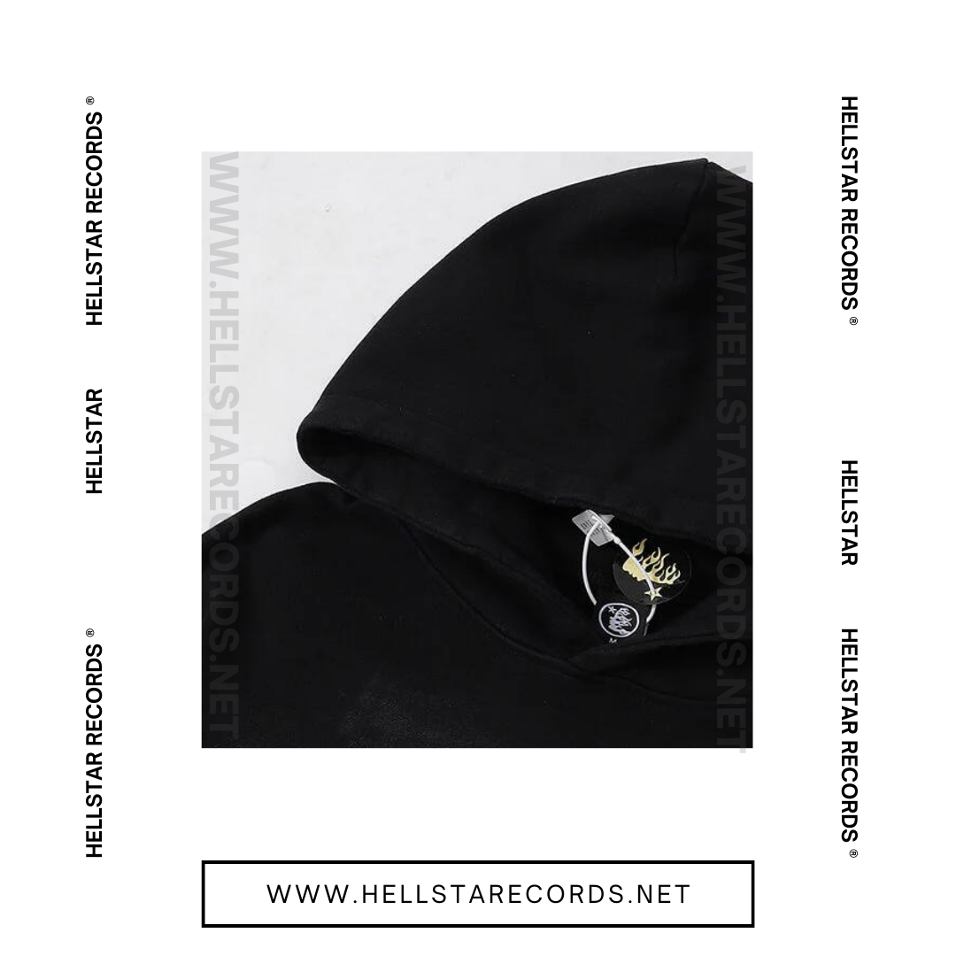 Close view of Hellstar Sports Black Hoodie by Hellstar Studios with the iconic flame logo.
