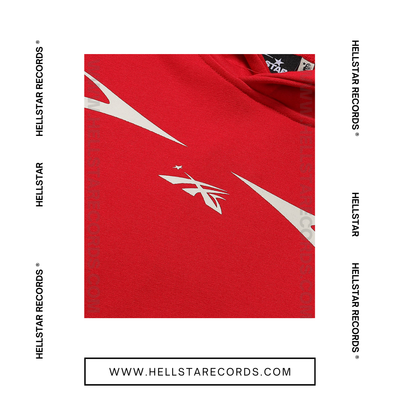 CloseUp of the Hellstar Sports Pullover Hoodie in red with reflective graphic design.