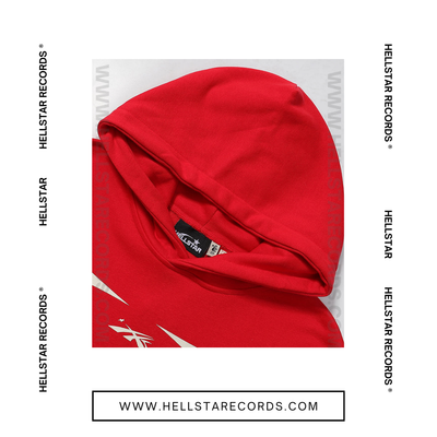 CloseUp of the Hellstar Sports Pullover Hoodie in red with reflective graphic design.