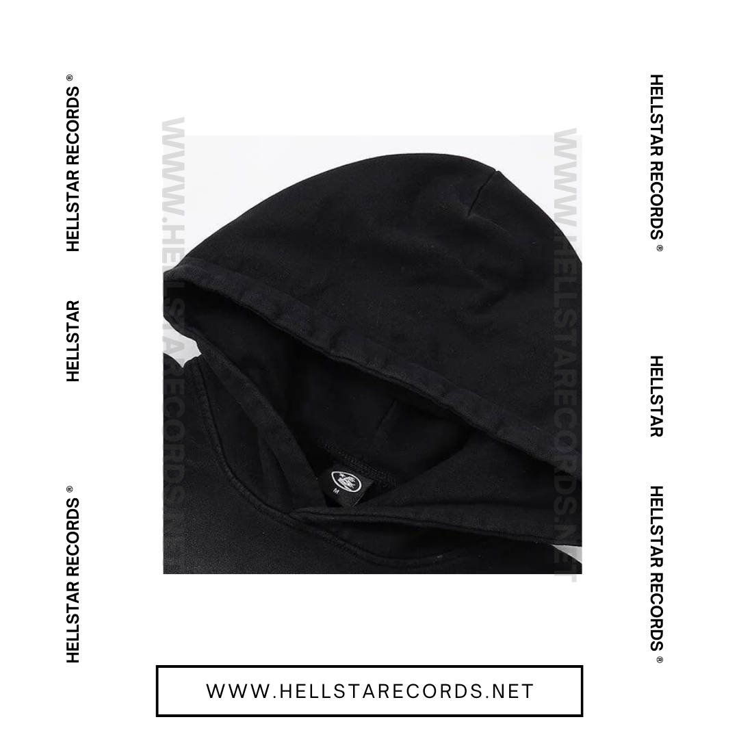 Close view of Black Hellstar hoodie by Hellstar Studios featuring "No Guts No Glory" slogan.
