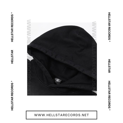 Close view of Black Hellstar hoodie by Hellstar Studios featuring "No Guts No Glory" slogan.
